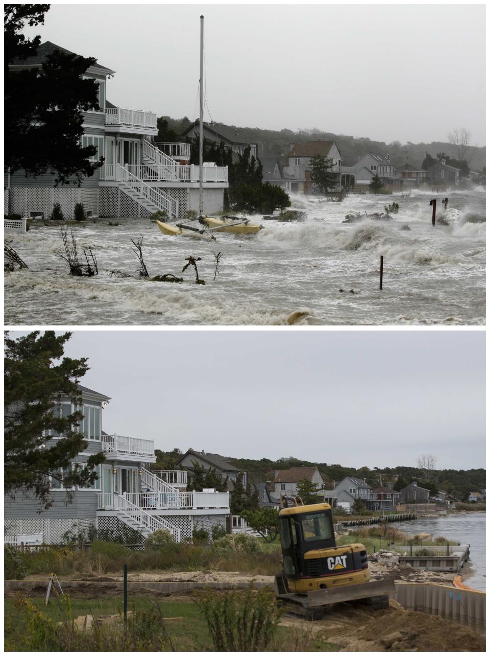 A combination photo shows storm surge pushed up by Superstorm Sandy flooding homes and repairs being made to same homes in Hampton Bays New York