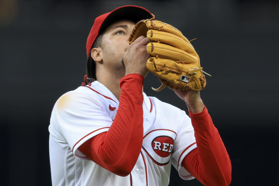 Cincinnati Reds' Luis Castillo walks to the dugout during the fifth inning of the team's baseball game against the Los Angeles Dodgers in Cincinnati, Wednesday, June 22, 2022. (AP Photo/Aaron Doster)