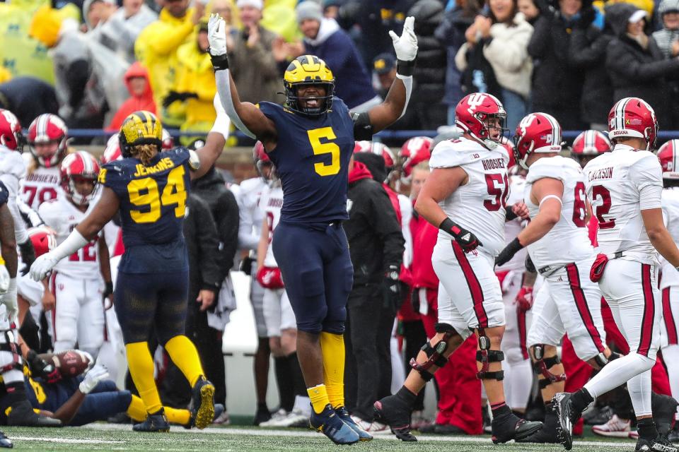 Michigan defensive end Josaiah Stewart celebrates a play against Indiana during the first half of U-M's 52-7 win over Indiana on Saturday, Oct. 14, 2023, in Ann Arbor.