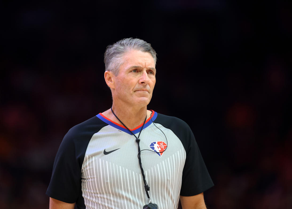 Mar 27, 2022; Phoenix, Arizona, USA; NBA referee Scott Foster during the Philadelphia 76ers against the Phoenix Suns at Footprint Center. Mandatory Credit: Mark J. Rebilas-USA TODAY Sports