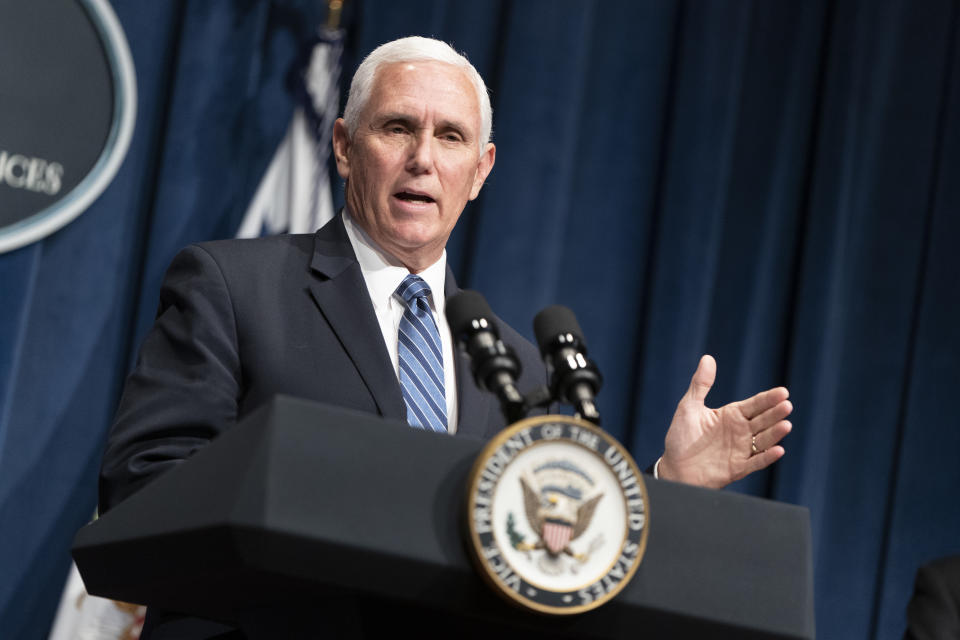 WASHINGTON, DC - JUNE 26: Vice President Mike Pence speaks after leading a White House Coronavirus Task Force briefing at the Department of Health and Human Services on June 26, 2020 in Washington, DC. Cases of coronavirus disease (COVID-19) are rising in southern and western states forcing businesses to remain closed. (Photo by Joshua Roberts/Getty Images)