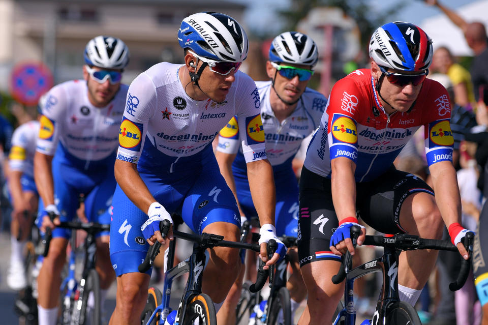 KATOWICE, POLAND - AUGUST 05: Davide Ballerini of Italy and Team Deceuninck - Quick-Step / Fabio Jakobsen of The Netherlands and Team Deceuninck - Quick-Step / during the 77th Tour of Poland 2020, Stage 1 a 195,8km stage from Silesian Stadium-Chorzów to Spodek-Katowice / @Tour_de_Pologne / #tdp20 / on August 05, 2020 in Katowice, Poland. (Photo by Luc Claessen/Getty Images)