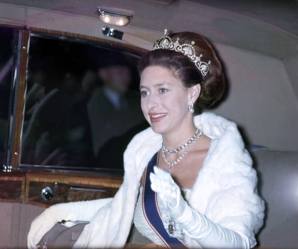 Princess Margaret wearing the lotus flower tiara to a state dinner in London