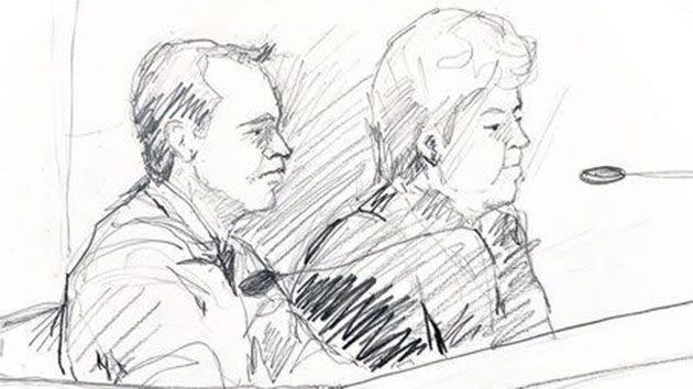 Swedish doctor Martin Peter Trenneborg is seen next to his lawyer Mari Schaub in this courtroom sketch. REUTERS/Ingela Landstrom