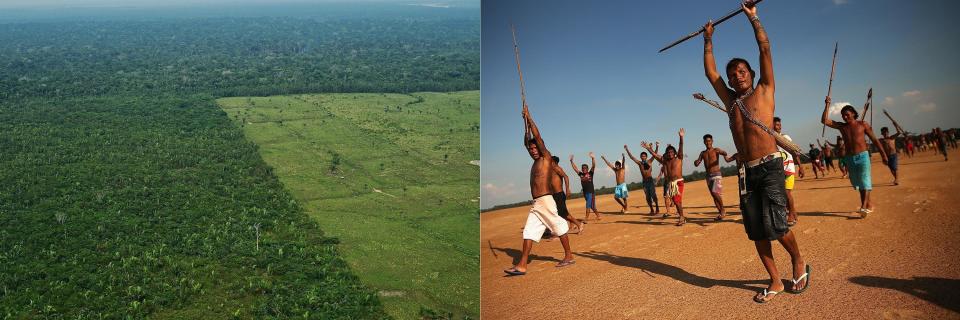 Left: Aerial view of deforestation in the Western Amazon region of Brazil.<br /> Right: Members of the Munduruku indigenous tribe on the banks of the Tapajos River protest against plans to construct a hydroelectric dam on the river in the Amazon rainforest on November 26, 2014 near Sao Luiz do Tapajos, Para State, Brazil. (Photo: Getty Images)