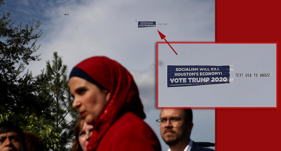 An airplane pulls a banner supporting President Donald Trump before the Democratic Presidential Debate at Texas Southern University's Health and PE Center on September 12, 2019 in Houston, Texas. (Photo: Justin Sullivan/Getty Images, graphic: Yahoo News)