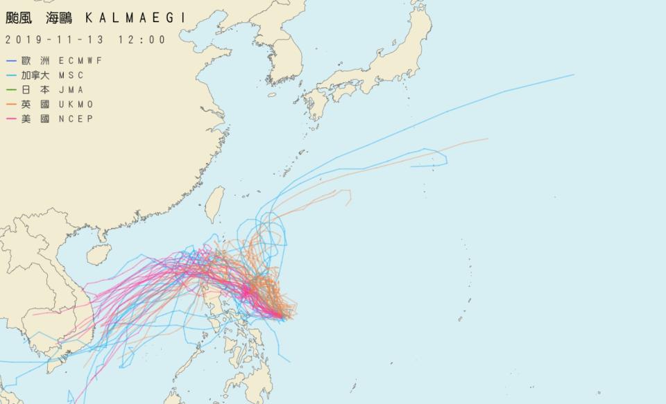 海鷗颱風各國分析路徑。(取自NCDR天氣與氣候監測)