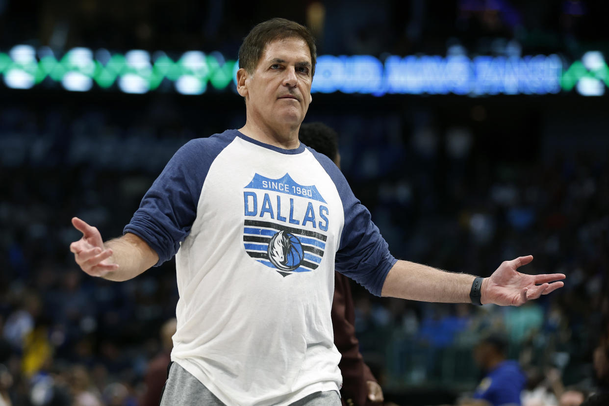 DALLAS, TEXAS - MARCH 22: Dallas Mavericks owner Mark Cuban reacts during a timeout in the game against the Golden State Warriors at American Airlines Center on March 22, 2023 in Dallas, Texas. NOTE TO USER: User expressly acknowledges and agrees that, by downloading and or using this photograph, User is consenting to the terms and conditions of the Getty Images License Agreement. (Photo by Tim Heitman/Getty Images)