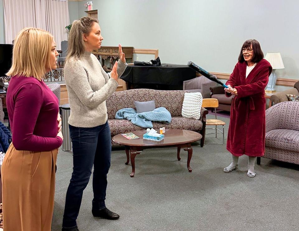 Left to right, Anita McFarren, Beth Josephsen and Vicky Welsh Bragg rehearse a scene from eMBer Women's Theatre's "Second Servings," which runs for two weekends beginning Friday at MadLab.