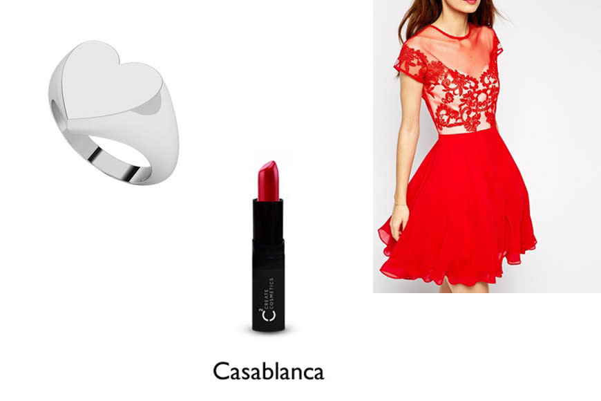 Theresa Yu from The Ladida says red and lace is the perfect combination for Valentine’s Day. At the top of her list is ASOS Petite Skater Dress with Lace Trim, $106. Yu likes to wear her heart on her finger with this #1 Sterling Silver Heart Signet Ring,$195. Her last date night essential is Create Cosmetics Lipstick in Casablanca, $20.