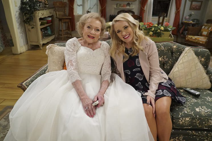 Betty White, shown with Emily Osment, plays a bride-to-be on Freeform’s <em>Young and Hungry</em>. (Photo: Getty Images)