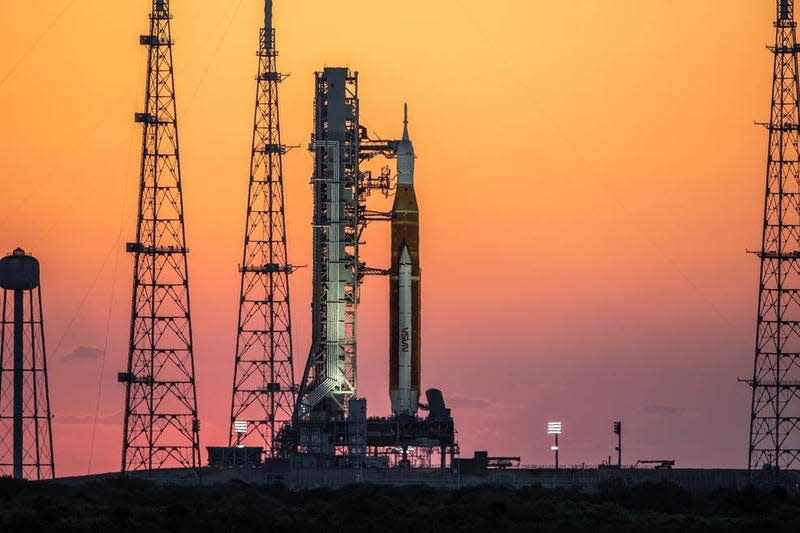 SLS on the Kennedy launch pad prior to its inaugural launch. NASA managed to launch the rocket on November 16, 2022, after two failed attempts. 