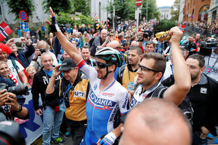 Peter Sagan of Slovakia reacts after winning Men Elite Road Race at the UCI 2017 Road World Championship, in Bergen, Norway. NTB SCANPIX/Cornelius Poppe via REUTERS