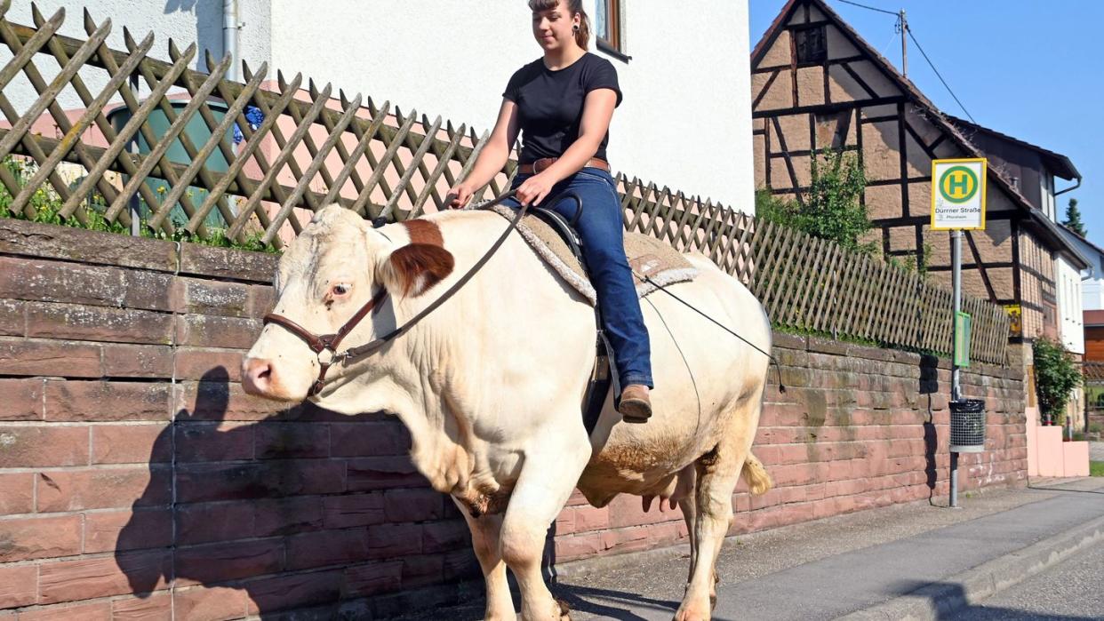 Sonja Keller reitet mit der Kuh Melina aus.