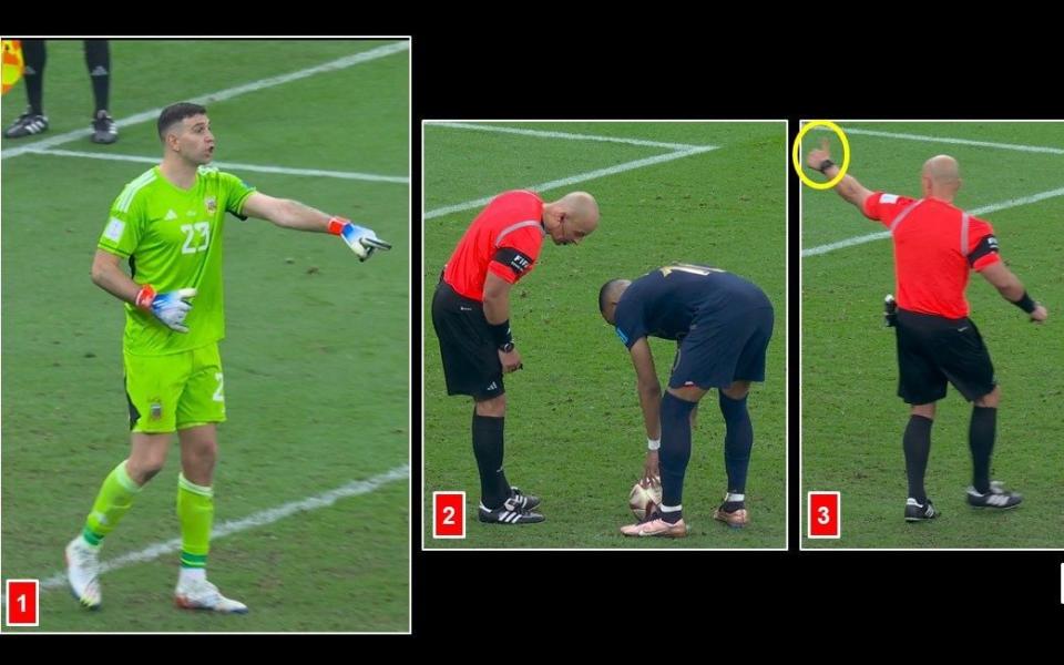 The referee does Martinez's bidding by checking the ball was correctly placed on the spot ahead of Kylian Mbappe's penalty - Twitter