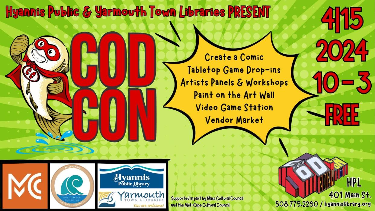 Poster for CODCon, a comic convention hosted by the Hyannis Public Library and Yarmouth Town Libraries.