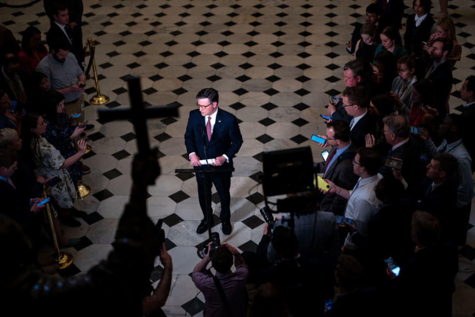 House Speaker Mike Johnson speaks during a news conference at the U.S. Capitol on April 17, 2024. (Photo by Kent Nishimura/Getty Images)