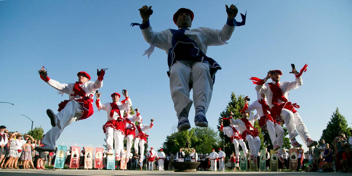 Oinkari Basque Dancers perform Basque traditional dances outside of St. Mark’s Catholic Church. The annual San Inazio Mass, conducted in English and Basque was held at St Mark’s Catholic Church for the first time. The church can seat 1,800 people. San Inazio (Saint Ignatius of Loyola) is patron saint of the Basque Country. Saturday August 1, 2015