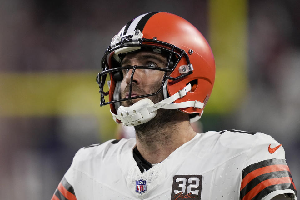 Cleveland Browns quarterback Joe Flacco reacts after throwing back-to-back pick six's against the Houston Texans during the second half of an NFL wild-card playoff football game Saturday, Jan. 13, 2024, in Houston. (AP Photo/David J. Phillip)