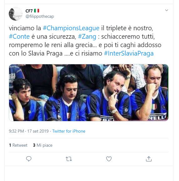 Da un parrucchino a forma di gatto sulla testa del tecnico dell'Inter, all'esultanza di Wanda e Icardi, fino al milanista Matteo Salvini con un cartello in mano in cui la scritta "1° partito in Italia, Grazie" è stata sostituita da "La birra di Praga è la migliore". Tra meme, fotomontaggi e illustrazioni taglienti sul debutto in salita dell'Inter in Champions gli utenti non si sono davvero risparmiati.