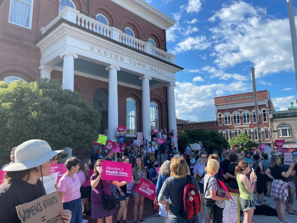 Hundreds of community gather at Exeter Town Hall for a "Bans Off Our Bodies" rally protesting the Supreme Court's decision to overturn Roe v. Wade earlier the same day, Friday, June 24, 2022.