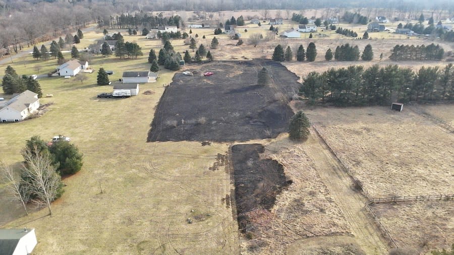 Still image from drone footage showing the burn damage from a brush fire. (Courtesy Ingham County Emergency Management)