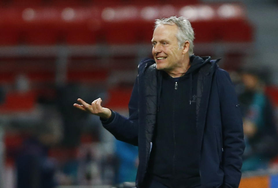 Soccer Football -  Bundesliga - Bayer Leverkusen v SC Freiburg - BayArena, Leverkusen, Germany - February 28, 2021 SC Freiburg coach Christian Streich Pool via REUTERS/Thilo Schmuelgen DFL regulations prohibit any use of photographs as image sequences and/or quasi-video.