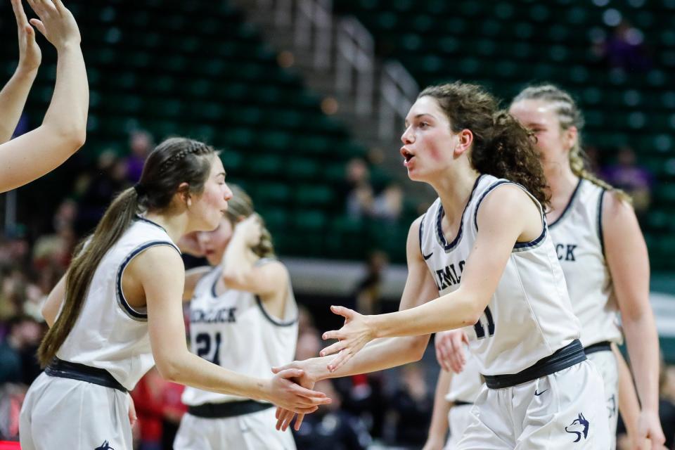 Hemlock guard Chloe Watson celebrates a play against Hart during the first half of Hemlock's 57-26 win in the Division 3 girls basketball semifinal at Breslin Center on Thursday, March 16, 2023.