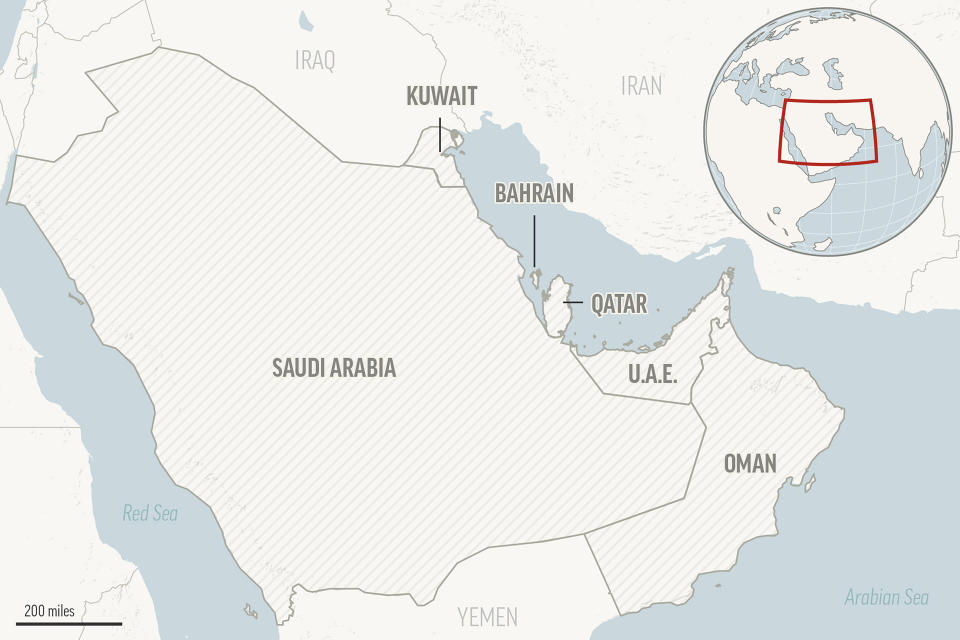 This is a locator map for the Gulf Cooperation Council member states: Saudi Arabia, Bahrain, Qatar, Oman, Kuwait and United Arab Emirates. (AP Photo)