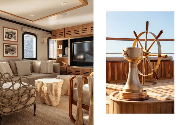 <p>Courtesy of Quasar Expeditions</p> From left: The lounge aboard the Grace; the captain’s wheel.