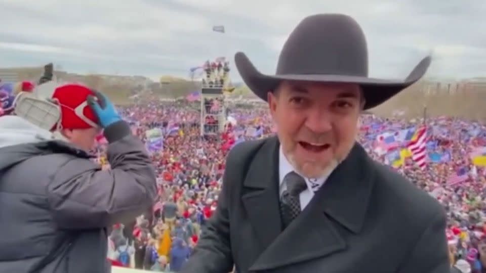 Then-New Mexico County Commissioner Couy Griffin, seen filming a video on January 6, 2021, was convicted for his actions and removed from office based on the 14th Amendment’s “insurrectionist ban.” - From Cowboys for Trump