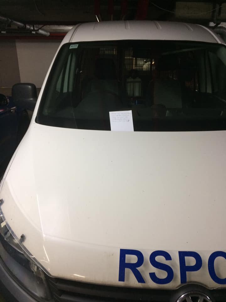 A RSPCA Queensland car shown with a note attached to the windscreen was shared on the organisation's Facebook page.