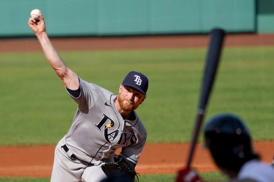 Tampa Bay Rays starting pitcher Drew Rasmussen pitches against Boston last season.