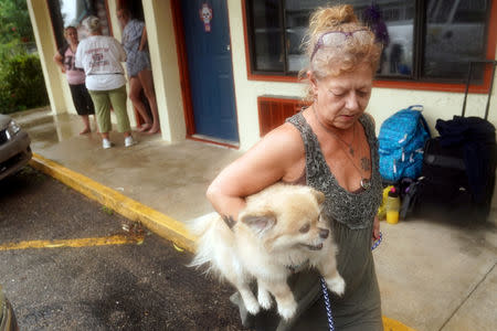 Lenora Adams loads up her dog as she evacuates a motel as Hurricane Michael comes ashore in Panacea, Florida, U.S., October 10, 2018. REUTERS/Carlo Allegri