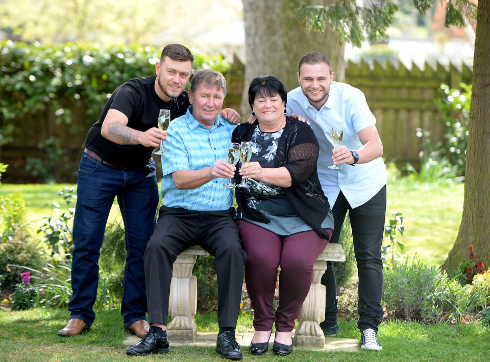 Paula Williamson, husband Geoff and sons Jack (right) and Ian (left) during a press conference at the Wentbridge House Hotel, Pontefract, April 9, 2019. (SWNS)