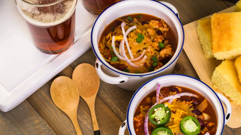 bowl of chili and beer