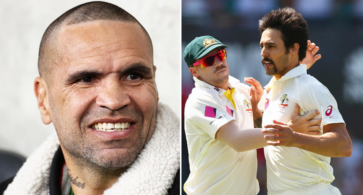 Anthony Mundine pictured left and David Warner and Mitchell Johnson pictured together right