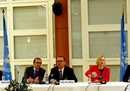 United Nations Special Advisor on Cyprus Espen Barth Eide (L) talks with U.N. Under-Secretary-General for Political Affairs Jeffrey D. Feltman at the start of the peace talks on divided Cyprus, under the supervision of the U.N. in the alpine resort of Crans-Montana, Switzerland June 28, 2017. REUTERS/Denis Balibouse