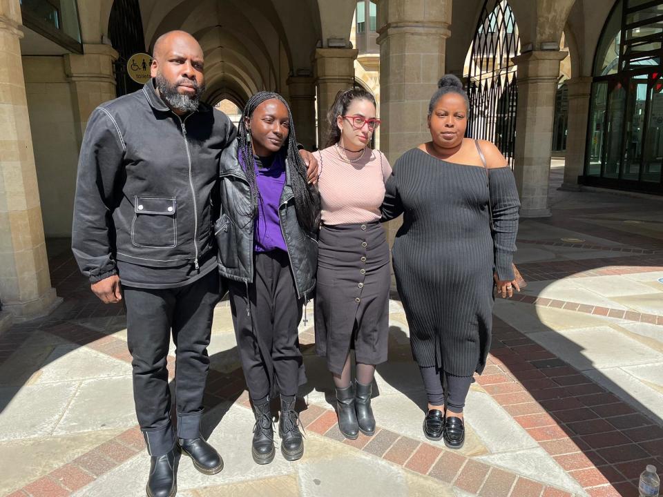 Gboyega Odubanjo’s brother Yomi Odubanjo, his partner Tife Kusoro, friend Tice Cin and his sister Rose Odubanjo outside Northampton Coroner’s Court on Tuesday (Stephanie Wareham/PA)