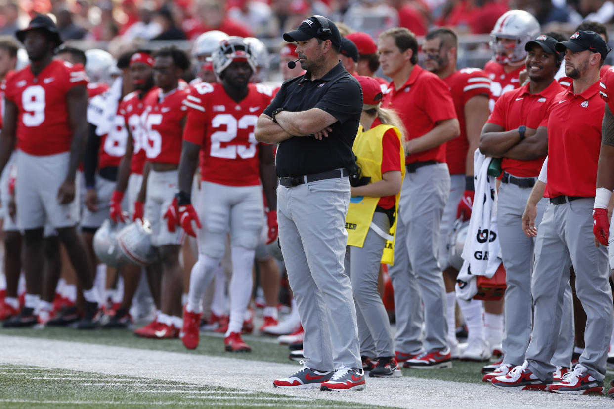 Ohio State head coach Ryan Day instructs his team against Tulsa during an NCAA college football game Saturday, Sept. 18, 2021, in Columbus, Ohio. (AP Photo/Jay LaPrete)