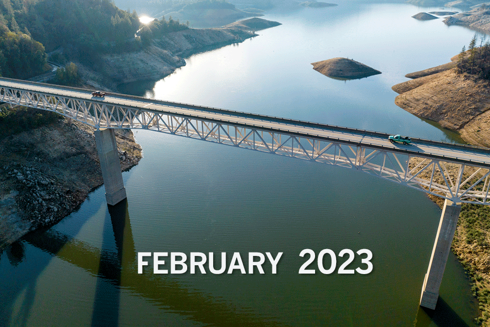 Photos of Lake Oroville show the reservoir in a badly depleted state in 2021 and at much higher levels after a series of atmospheric rivers hit the state in January.