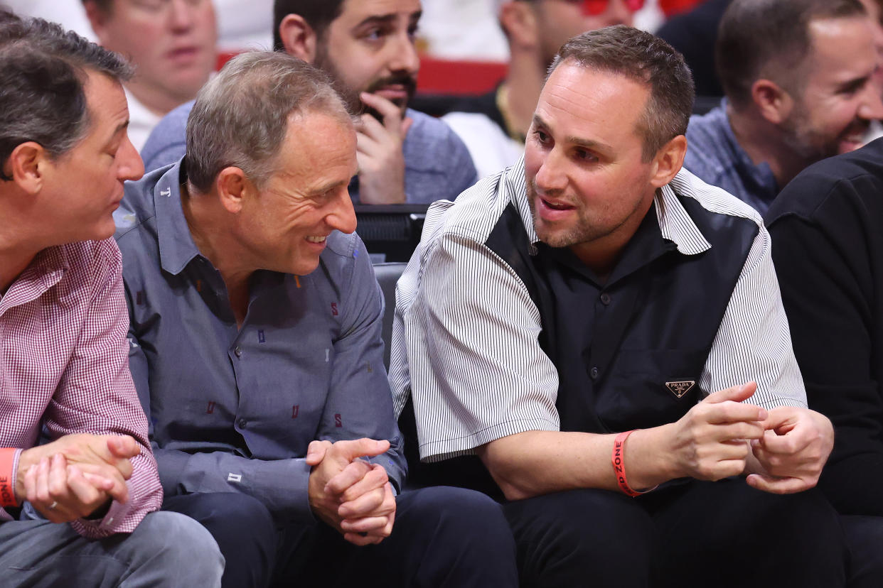 Philadelphia 76ers owners Josh Harris and Michael Rubin, also CEO of Fanatics, look on during the first half in Game Two of the Eastern Conference Semifinals against the Miami Heat at FTX Arena on May 4, 2022. (Photo by Michael Reaves/Getty Images)