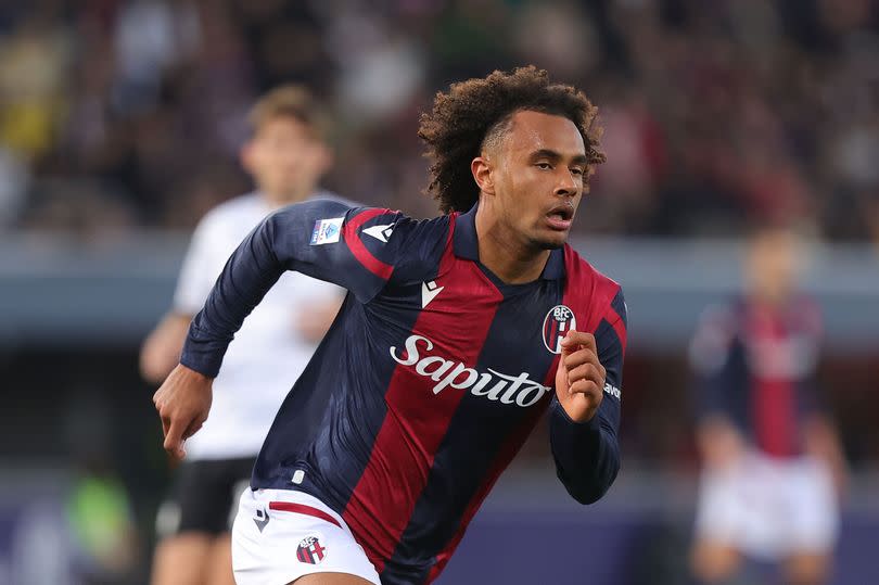 Joshua Zirkzee of Bologna FC in action during the Serie A TIM match between Bologna FC and Atalanta BC at Stadio Renato Dall'Ara on December 23, 2023 in Bologna, Italy.