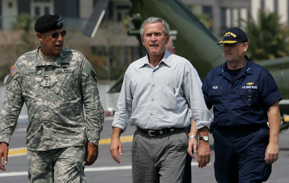 Lt. General Russel Honoré (left), with former president George W Bush, in the aftermath of 2005’s Hurricane Katrina. The Army veteran led recovery operations in New Orleans (Getty)