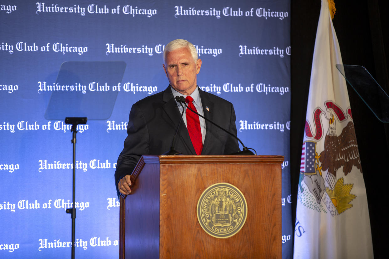 Former Vice President Mike Pence speaks to a crowd of supporters at the University Club of Chicago on June 20.