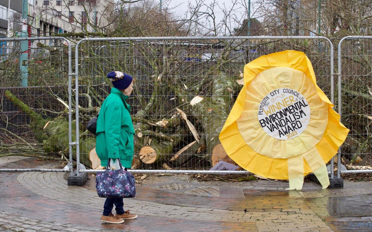 Woman stands next to a sign, next to the wreckage, that says: Environmental Vandalism Award - Mark Passmore/APEX 