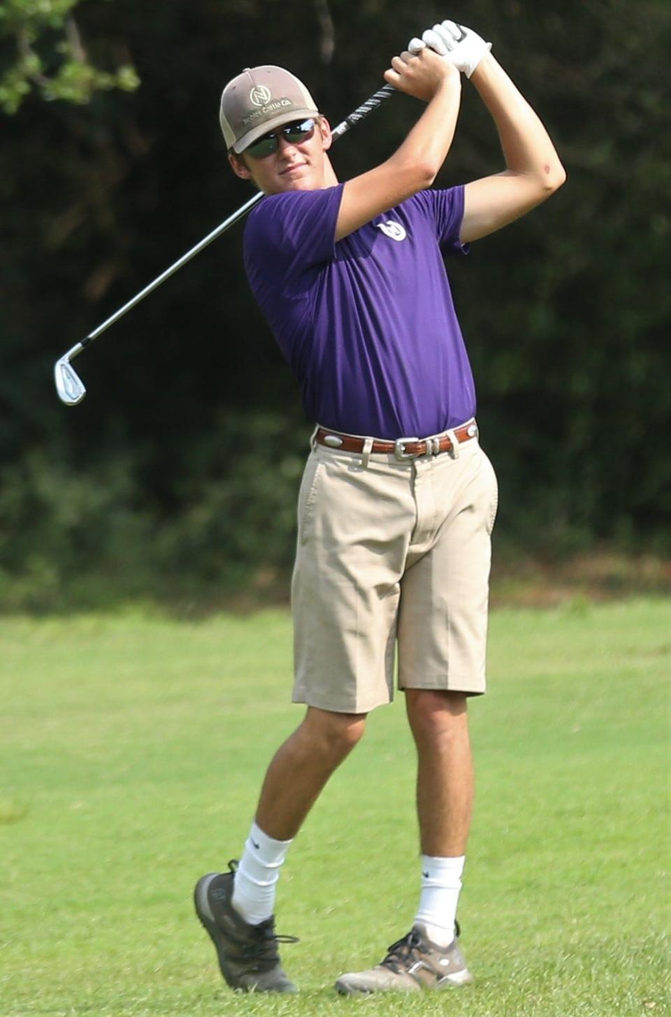 Mason High School's Cy Nobles hits a tee shot during the first round of the UIL Class 2A Boys State Golf Tournament at Lions Municipal Golf Course in Austin on Monday, May 9, 2022.