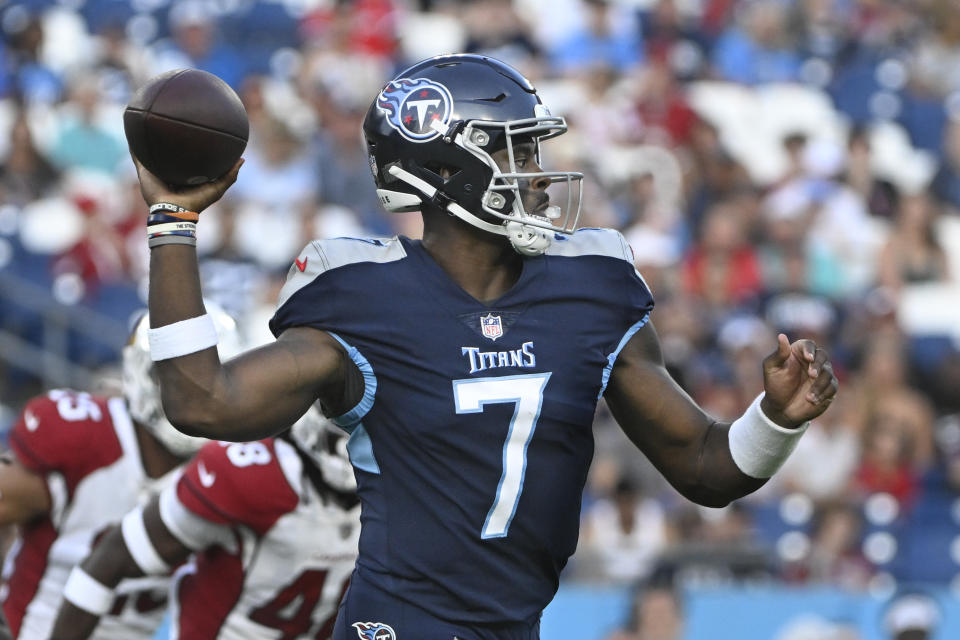 Tennessee Titans quarterback Malik Willis (7) passes against the Arizona Cardinals in the first half of a preseason NFL football game Saturday, Aug. 27, 2022, in Nashville, Tenn. (AP Photo/John Amis)