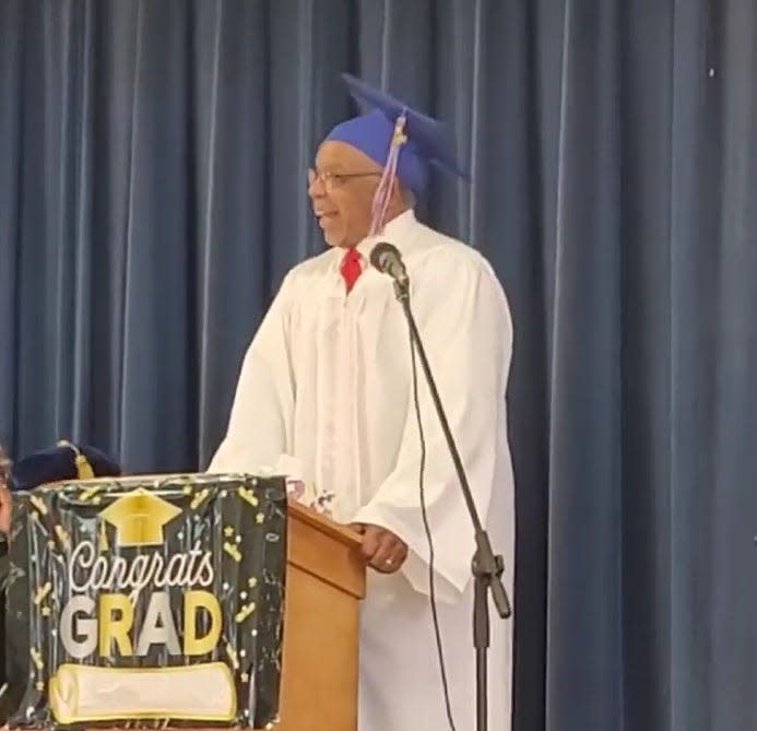 Bishop Samuel Jones Jr. speaks at his graduation ceremony that took place 47 years after he graduated.