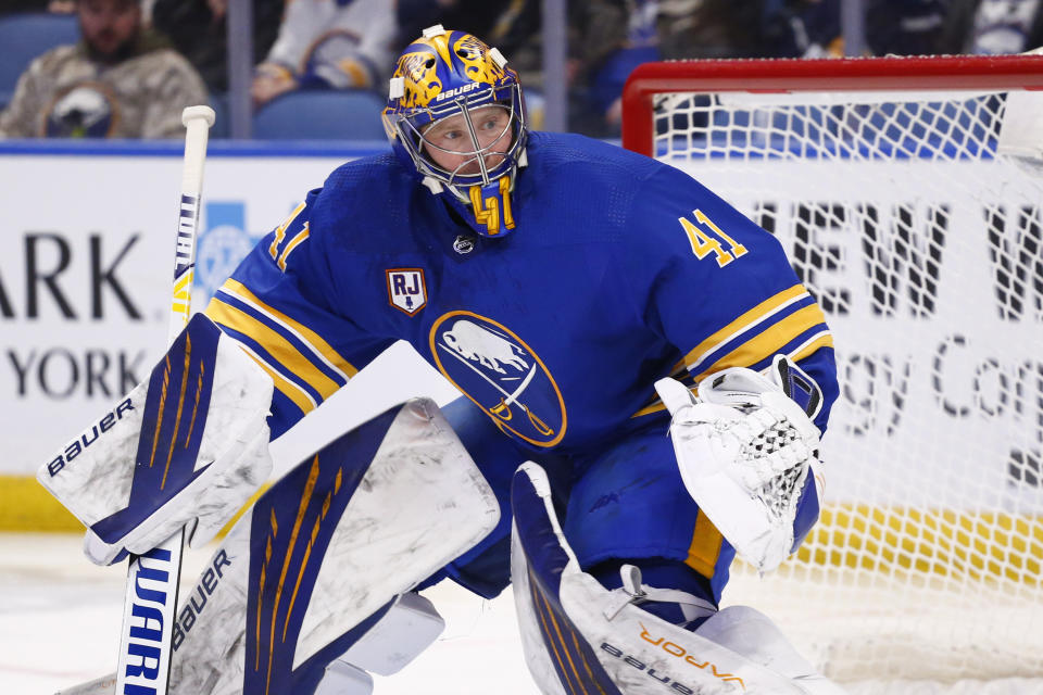 Buffalo Sabres goaltender Craig Anderson (41) watches the puck go wide during the second period of the team's NHL hockey game against the Nashville Predators, Friday, April 1, 2022, in Buffalo, N.Y. (AP Photo/Jeffrey T. Barnes)